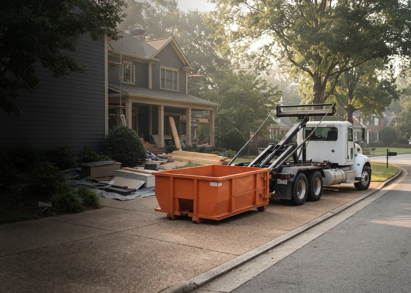 Roll-off dumpster delivery truck beside a residential renovation